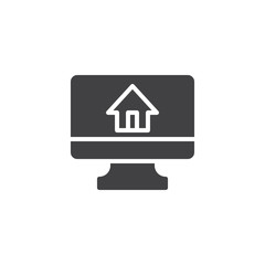 Monitor with house on screen vector icon. filled flat sign for mobile concept and web design. Home page simple solid icon. Real estate symbol, logo illustration. Pixel perfect vector graphics