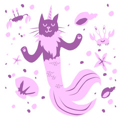 Vector illustration of magical caticorn mermaid, crabs and shells