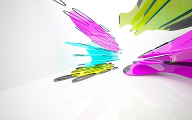 abstract architectural interior with colored smooth sculpture. 3D illustration and rendering