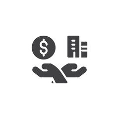 Hands with money and house vector icon. filled flat sign for mobile concept and web design. Real estate simple solid icon. Symbol, logo illustration. Pixel perfect vector graphics