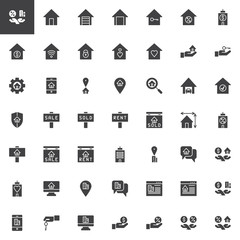 Real estate vector icons set, modern solid symbol collection filled style pictogram pack. Signs logo illustration. Set includes icons as House stairs, Garage, Home Location, Insurance, Office building