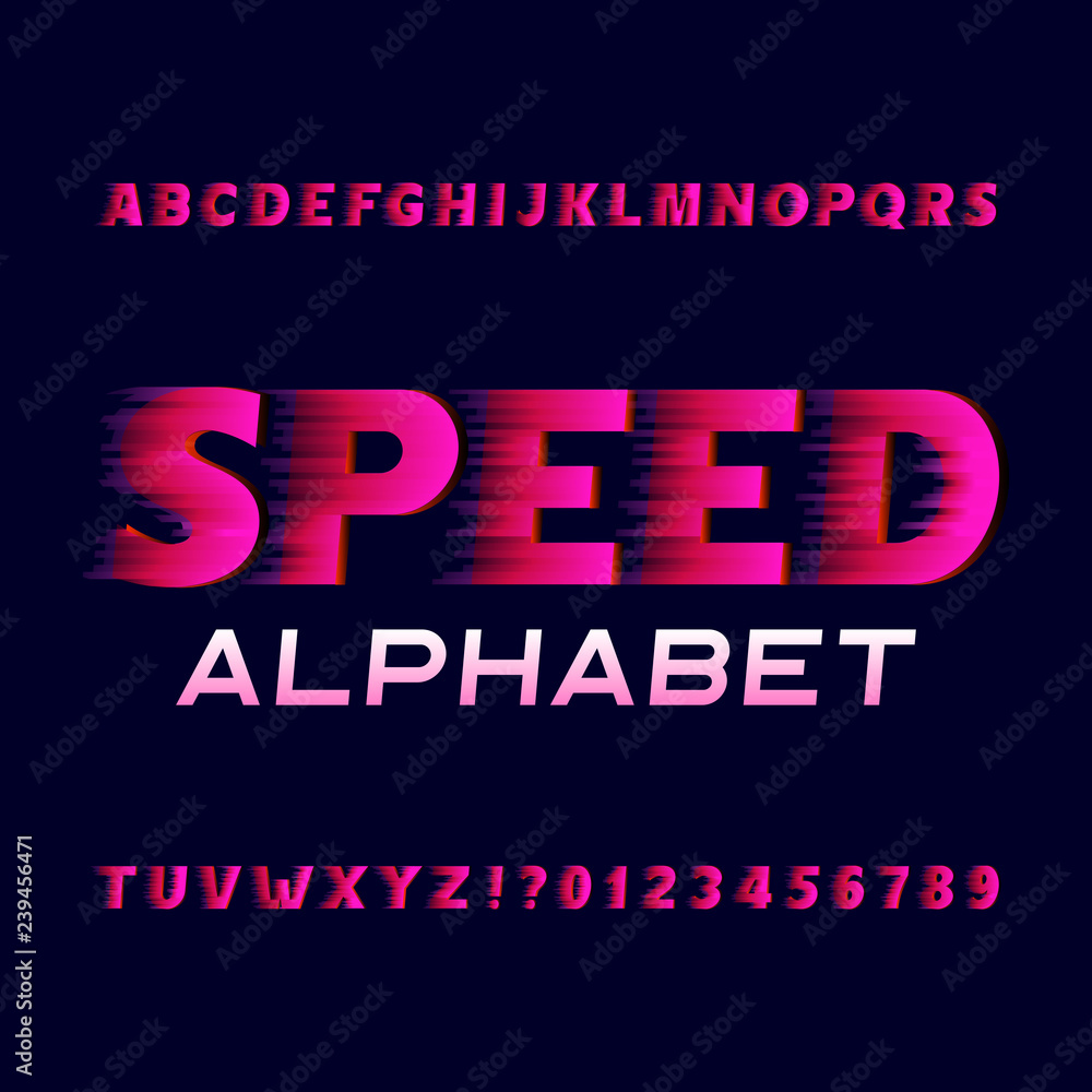 Fototapete speed alphabet font. fast wind effect type letters and numbers. stock vector typeface for your desig