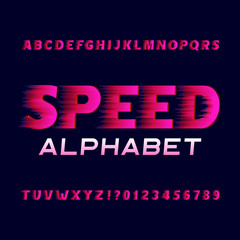 Speed alphabet font. Fast wind effect type letters and numbers. Stock vector typeface for your design.