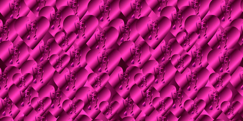 Vector seamless pattern hand drawn gradient polished metal foil bright pink hearts with laced collar. Background for design, textile, wrapping, card, cover page, festive banner, typographical printing