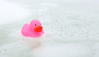 Fototapeta na wymiar Pink duck in a bathtub