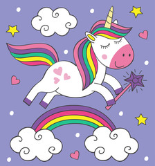 Naklejka premium cute little unicorn flies over the rainbow - vector illustration, eps
