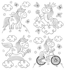 set of isolated coloring cute unicorn  - vector illustration, eps © nataka