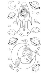 set of isolated coloring cute unicorn in space   - vector illustration, eps
