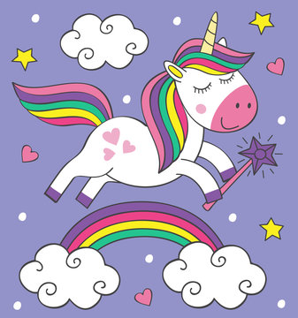 cute little unicorn flies over the rainbow - vector illustration, eps