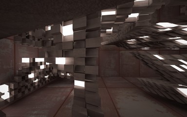 Empty abstract room interior of sheets rusted metal and concrete. Architectural background. Night view of the illuminated. 3D illustration and rendering