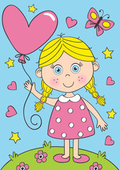 cute little girl with heart balloon  - vector illustration, eps