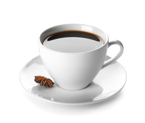 Cup of hot coffee on white background