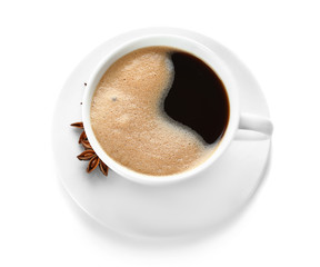 Cup of hot coffee on white background