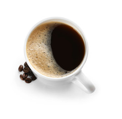 Cup of hot coffee on white background