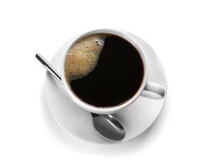 Cup of hot coffee on white background