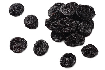 Dried plums - prunes isolated on white background. top view