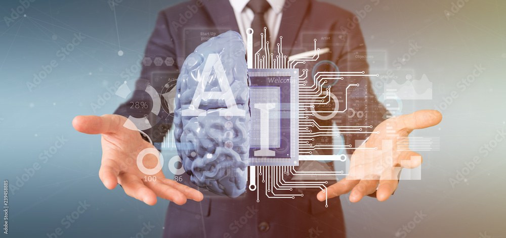 Poster business man holding artificial intelligence icon with half brain and half circuit 3d rendering