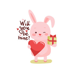 Cute cartoon lovely rabbit with pink large heart