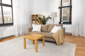 comfort, furniture and interior concept - tidy living room with cushioned sofa and table at home