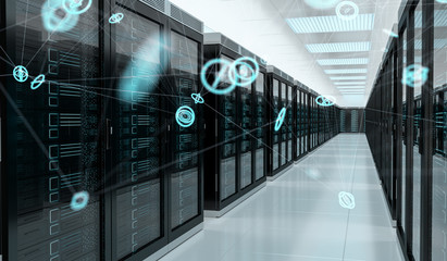 Server room center exchanging cyber datas 3D rendering