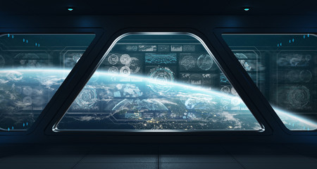 Obraz na płótnie Canvas Dark spaceship interior with control panel digital screens 3D rendering