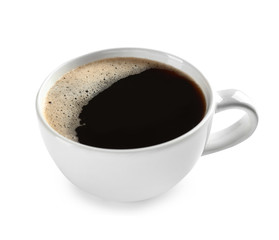 Cup of hot coffee on white background