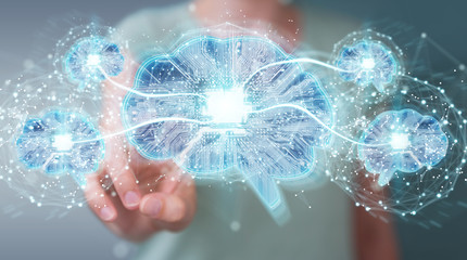Obraz na płótnie Canvas Businesswoman creating artificial intelligence in a digital brain 3D rendering