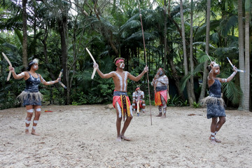 Indigenous Australians.People Dancing to Didgeridoo Musical Instrument Sound Rhythm