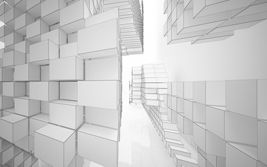 Abstract white interior highlights future. Polygon drawing . Architectural background. 3D illustration and rendering