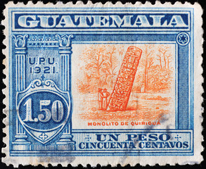 Maya monument on vintage stamp of Guatemala