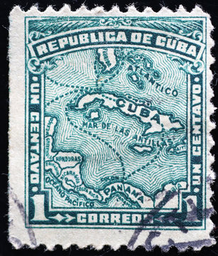 Map of Cuba on vintage postage stamp