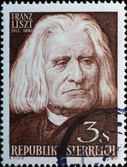 Portrait of old Franz Liszt on postage stamp