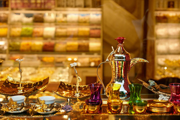 Turkish Tea Set On Table At Store Closeup