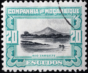River Zambezi on vintage stamp of Mozambique