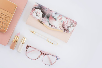 pink purse on white desk