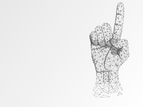 Origami Sign language D letter, hand that use the visual-manual modality to convey meaning. Polygonal space low poly style. People silent communication. Connection wireframe Raster on white background