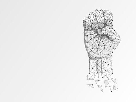 Origami Sign language E letter, hand that use the visual-manual modality to convey meaning. Polygonal space low poly style. People silent communication. Connection wireframe Raster on white background