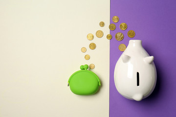 Creative composition with piggy bank, wallet and coins on color background. Savings concept
