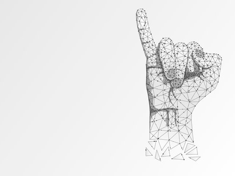 Origami Sign language I letter, hand that use the visual-manual modality to convey meaning. Polygonal space low poly style. People silent communication. Connection wireframe Raster on white background