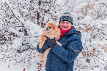 Senior man dog lover with his red pekingese pet on a walk at snowy park. Concept love and care of animals. Good people caring for pets