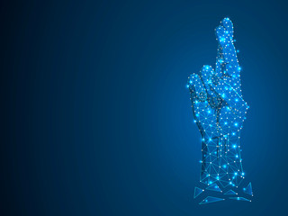 Sign language R letter, Fingers crossed. Superstition, luck, white lie gesture 3d low poly model of human hand. Neon. People silent communication. Connection wireframe. Raster on dark blue background