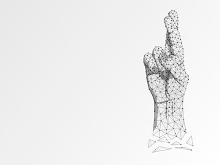 Origami Sign language R letter, Fingers crossed. Superstition, luck, white lie gesture 3d low poly model of human hand. People silent communication. Connection wireframe. Raster on white background