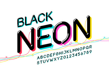 Black Neon font design, alphabet letters and numbers