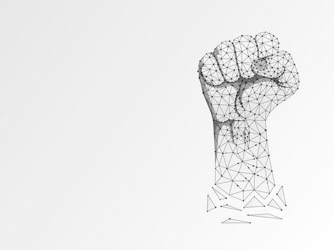 Origami Sign language S letter, raised up clenched fist gesture. Polygonal space low poly style. Deaf people silent communication. Connection wireframe. Raster on white background