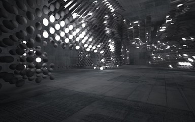 Empty dark abstract concrete room smooth interior. Architectural background. Night view of the illuminated. 3D illustration and rendering