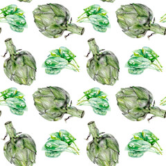 Watercolor artichoke spinach vegetable isolated seamless pattern.