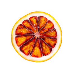 Top view of textured ripe slice of red orange citrus fruit isolated on white background. Grapefruit...