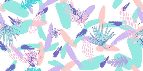 Fototapeta na wymiar Trendy Fashion Seamless Pattern with Creative Leaves , Flowers and Hand Drawn Brush Strokes .Illustration for Surface , Invitation , Notebook, Banner , Wrap Paper ,Textiles