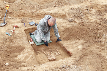 Archaeological excavation. The archaeologist in a digger process, searching tomb with tools, human bones, part of skeleton and skull in the ground. Close up, outdoors.