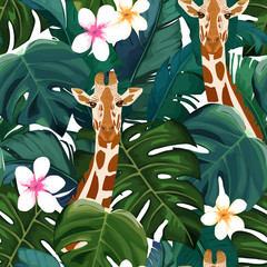 Exotic summer print. Seamless pattern with palm tree, giraffe and hibiscus flower. Vector illustration © natikka